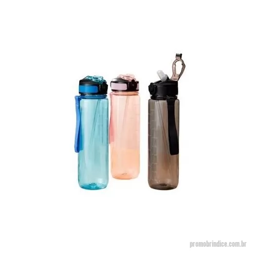Squeeze plástico personalizado - Squeeze plástico livre de BPA com capacidade máxima de 1,05 Litros e marcação de volume de até 1 Litros. Possui tampa rosqueável com bico flip, tampa protetora, botão de acionamento com trava de segurança. Acompanha canudo interno em plástico e alça 