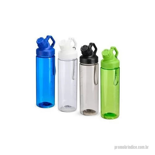 Squeeze plástico personalizado - Squeeze plástico livre de BPA, com capacidade máxima de 750 ml e marcação de volume de 700 ml impressa no corpo. Dispõe de bocal plástico com protetor rosqueável para o bocal e alça fixa. Acompanha cordão de nylon para prender à alça da tampa. Altura