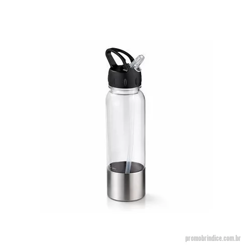 Squeeze plástico personalizado - Squeeze feito em plástico AS livre de BPA, fundo com revestimento externo em aço inox 201, capacidade máxima de 750 ml e marcação de volume de até 750ml. Possui tampa rosqueável em polipropileno PP com bico retrátil em poliestireno PS , canudo removí