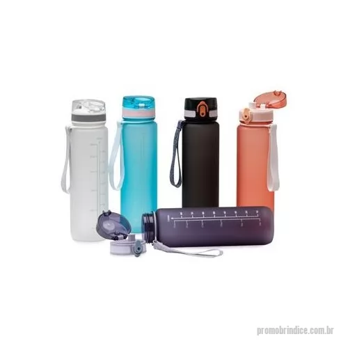 Squeeze plástico personalizado - Garrafa plástica de 1 litro com tampa de acionamento automático e trava de segurança. Acompanha cordão de nylon.
