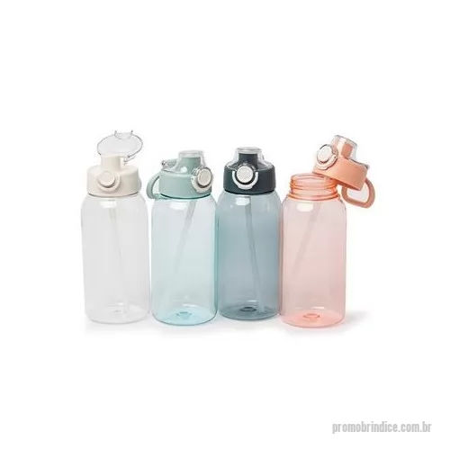 Squeeze plástico personalizado - Squeeze plástico com capacidade de 1 Litro. Possui tampa rosqueável com protetor para bocal, botão de acionamento com trava de segurança e alça para transporte acoplado. Altura : 22,6 cm Largura : 8 cm Circunferência : 28,5 cm Peso aproximado g : 149