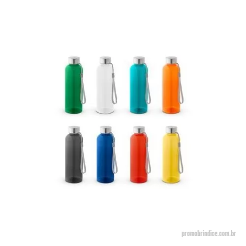 Squeeze plástico personalizado - Squeeze em rPET 100% reciclado e tampa em aço inox, com pega em corda para facilitar o transporte. Capacidade até 580 ml. Certificação EU Food Grade. ø65 x 210 mm