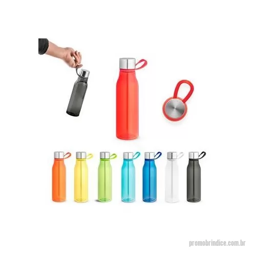 Squeeze plástico personalizado - Squeeze produzido a partir de plástico reciclado, rPET. Com alça de silicone para facilitar o transporte. Tampa em PP e aço inox com isolante em silicone.