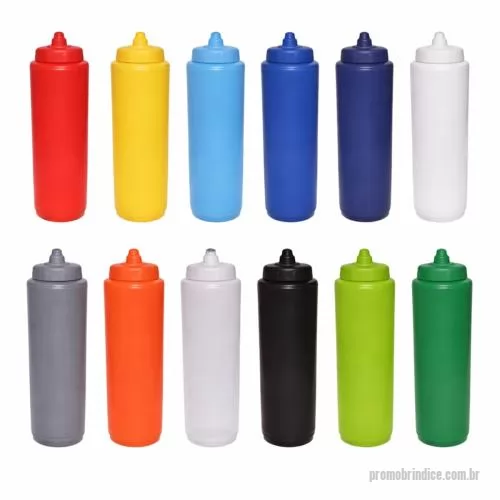 Squeeze plástico personalizado - Squeeze plástico automático com capacidade de 1000 ml, fabricado em polietileno, com peso de 85 gramas, altura de 23,0 cm sem tampa e 25,2 cm com tampa, diâmetro da boca de 5,4 cm e base de 8,1 cm, oferecendo estrutura resistente, leve e de fácil man