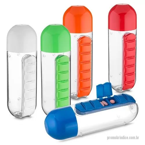 Squeeze plástico personalizado - Garrafa plástica 600 ml transparente com porta pílulas e tampa colorida.