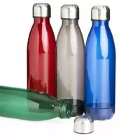Garrafa translucida de plástico com capacidade para 700ml, possui uma base na respectiva cor leitosa e uma tampa de alumínio com rosca.