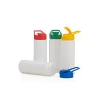 Squeeze de polietileno 550ml com tampa plástica rosqueável, contém alça e tampa protetora para o bocal. Altura : 21 cm Largura : 9,2 cm Circunferência : 20,6 cm Peso aproximado g : 53