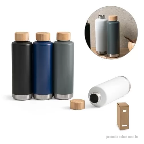 Squeeze térmico personalizado - Squeeze em aço inox com parede dupla isolada a vácuo, parede interna revestida de cobre e tampa em bambu com vedante de silicone para proteção extra (térmico). Tem capacidade até 640 mL e mantém as bebidas quentes por 16 h e frias por 48 h. Contém revestimento em pó que lhe confere mais durabilidade e resistência. Certificação EU Food Grade. Fornecido em caixa presente de papel kraft. ø72 x 233 mm