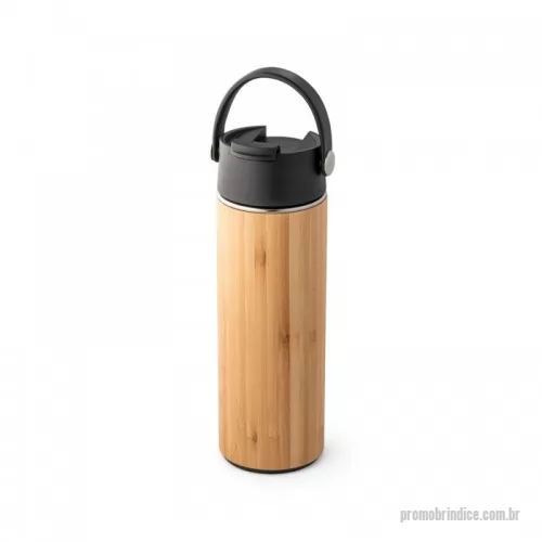Squeeze térmico personalizado - Squeeze térmico em bambu e aço inox com corpo duplo, isolamento a vácuo e tampa em PP. Capacidade até 440 mL. Preserva as bebidas quentes por 8 horas e as bebidas frias por 24 horas.