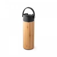 Squeeze térmico em bambu e aço inox com corpo duplo, isolamento a vácuo e tampa em PP. Capacidade até 440 mL. Preserva as bebidas quentes por 8 horas e as bebidas frias por 24 horas.