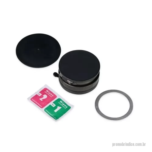 Suporte de celular para veículos personalizado - 	Suporte magnético em plástico ABS com articulação em diferentes ângulos e rotação de 360 graus no próprio eixo. Possui superfície magnética para fixação de aparelhos na vertical ou horizontal, compatível com dispositivos magnéticos ou com o anel adaptador incluso. Conta com mecanismo giratório para pressão da ventosa em superfícies lisas. Acompanha anel magnético adesivo, placa plástica com adesivo, kit de lenços e chave Allen.