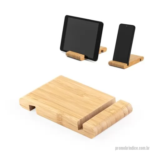 Suporte de Mesa para Celular e Tablet personalizado - Suporte para celular em bambu, com 2 canaletas de tamanhos diferentes, uma em cada lado. A cor e o resultado da impressão nos materiais naturais pode variar entre produtos. 80 x 130 x 15 mm