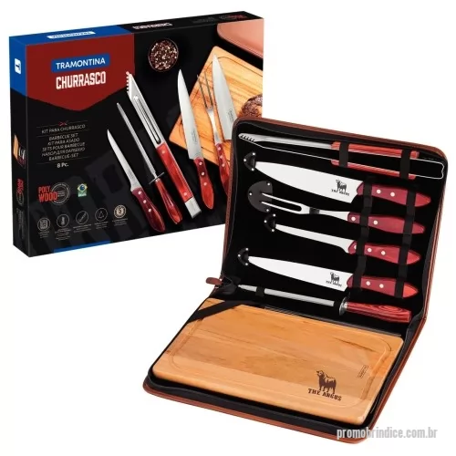 Tábua para carne de madeira personalizada - Kit churrasco Tramontina 07 peças linha Polywood em magnífico estojo sintético. Gravação da logomarca a laser na lâmina das facas e na tábua de churrasco. Destaque sua marca num presente para toda a vida. Frete grátis para Sul, Sudeste e Centro Oeste. 