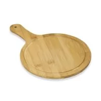 Tábua de bambu média com canaleta e cabo.  Largura :  24,2 cm  Espessura :  0,8 cm  Comprimento :  36,1 cm