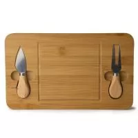  Kit queijo 3 peças, contém: tábua de bambu canaleta, faca com ponta, garfo e espátula. Tábua com imã para encaixe e fixação dos utensílios.  Altura :  30 cm  Largura :  18 cm  Espessura :  1,6 cm