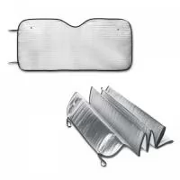 Protetor solar para carros em espuma de PE e forrado com 1 folha de alumínio. Adequado para vidro frontal e incluso 2 fixadores de ventosa. Dobrável para facilitar arrumação. 1300 x 600 mm