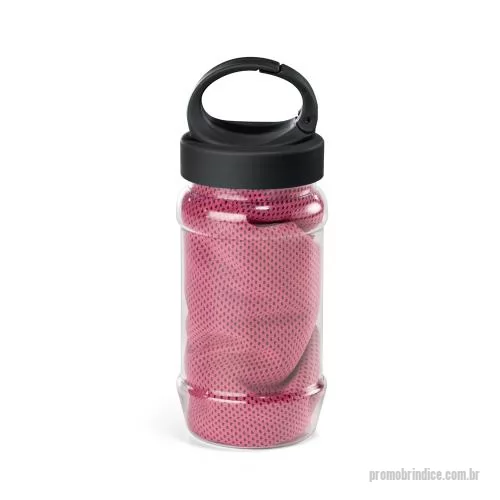 Toalha personalizada - Conjunto com toalha (poliamida e poliéster, permanece fria quando molhada) e garrafa em PP/PET com mosquetão, capacidade até 440 mL.