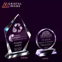 Troféus de Cristal em vários formatos e tamanhos com gravação personalizada a laser no interior da peça
