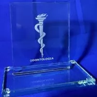 troféu em vidro incolor 12mm com gravação de oxido de alumínio. Corpo e base