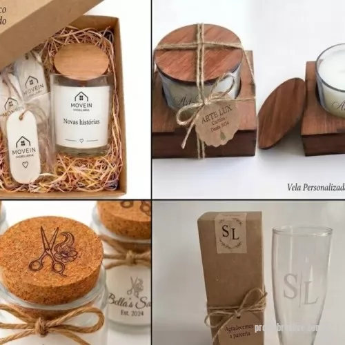 Vela personalizada - 4 opções para Brindes Personalizados:  -  Kit vela e barra aromática /  Vela com suporte de madeira /  Vela com tampa de cortiça gravada a laser  / Copo cerveja personalizado.   